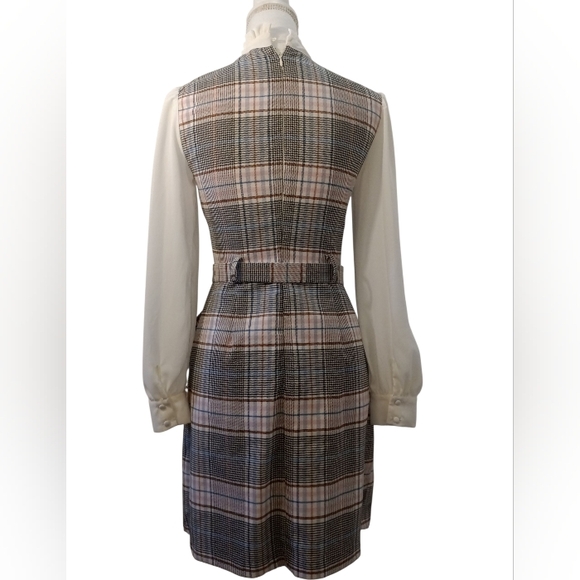 RILEY & RAY Tartan plaid lined Midi Dress hi Neckline long sleeves  Size 0 - Picture 4 of 10